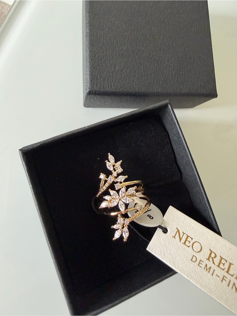 Gold Floral vine Leaf cubic zirconia vertical statement Ring